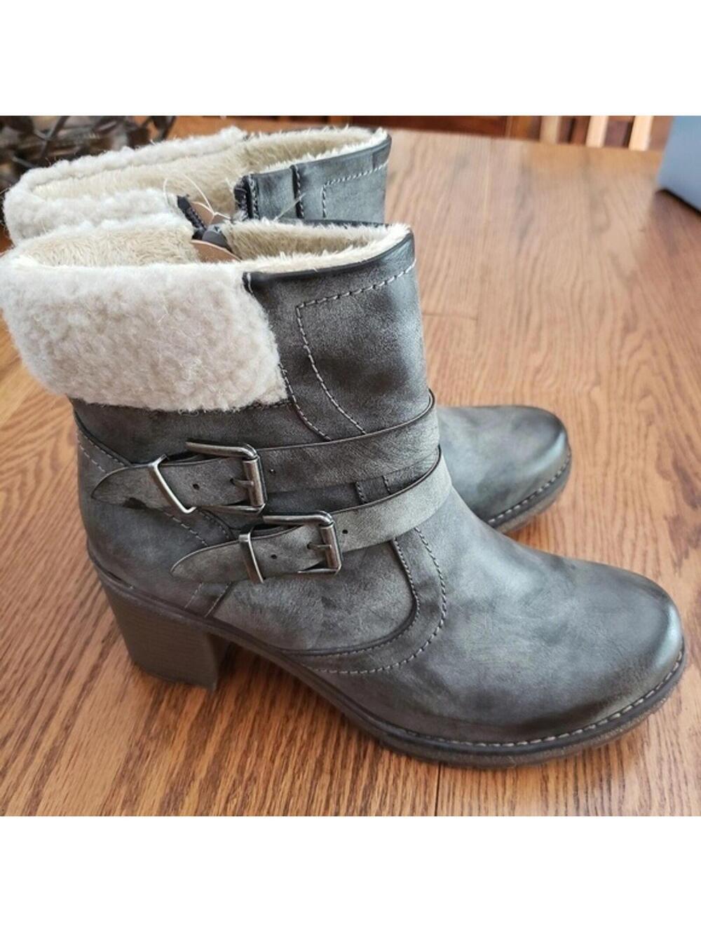 NWT Wanderlust Fur Lined Ankle Boots Gray Buckle Booties Women's Size 11